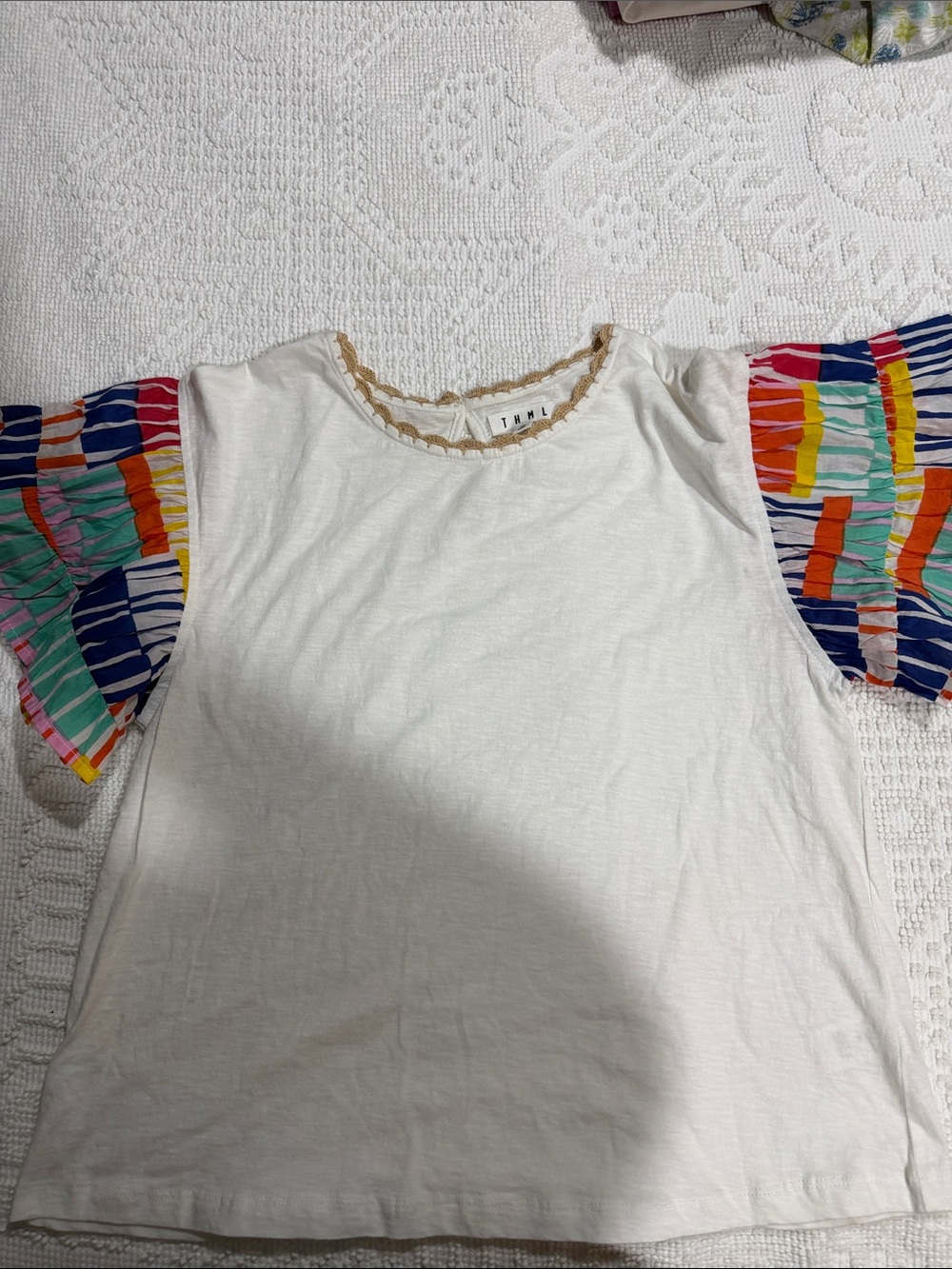 THML Cream Short Sleeve Top with Multicolor Pleated Puff Sleeves